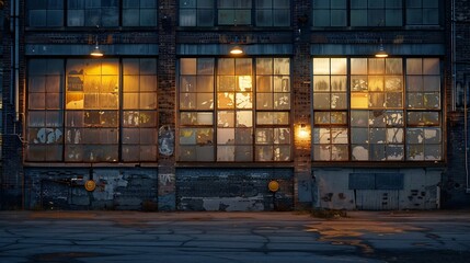 Aufkleber - exterior of big old warehouse with windows at night : Generative AI