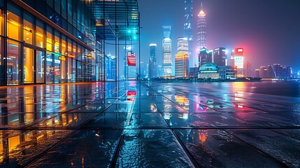 Canvas Print - City square floor and modern commercial building scenery at night in Shanghai China Famous financial district buildings in Shanghai : Generative AI