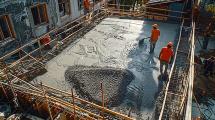 Poster - Construction site of buildings pouring cement Top view new screed concrete with leveling mortar for floors : Generative AI