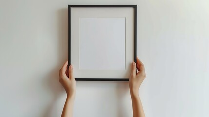 Poster - Cropped vertical view of woman hands hanging beige picture frame with copy space Female hold blank poster against white wall Art placard in room Concept of home decor : Generative AI