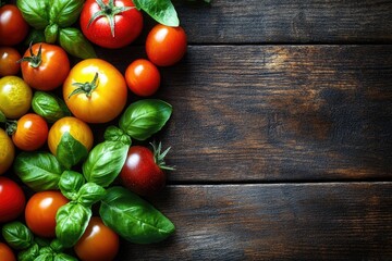 Fresh colorful tomatoes and basil on wooden surface