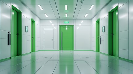 Poster - Interior of bright white room with green closed door in modern hospital : Generative AI