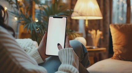 Poster - Mock up white screen blank mobile phone in woman hands holding sitting on armchair at home Back view : Generative AI