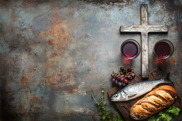 Wall Mural - Bread, wine and holy cross as a concept of Jesus feeding multitudes