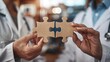 © Generative AI - Doctor hand connecting couple puzzle piece wooden jigsaw in hospital Teamwork Idea Solution challenge success Health Medical and strategy concepts : Generative AI