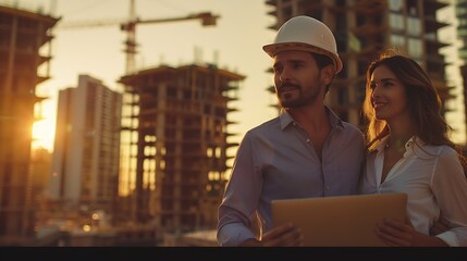 Poster - Caucasian Male Architect And Hispanic Female Urban Planner Walking On Construction Site With Laptop Computer And Talking About New Real Estate Project Construction Equipment Working Go : Generative AI