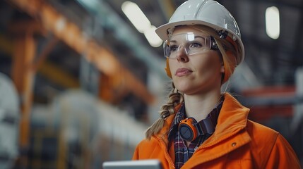 Aufkleber - Female engineer with digital tablet at construction site Factory foreman worker in hardhat at the precast factory site : Generative AI
