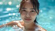 © Generative AI - Retreat and vacation Portrait beautiful young asian woman enjoying around outdoor swimming pool in hotel resort Attractive girl relax in summer season : Generative AI