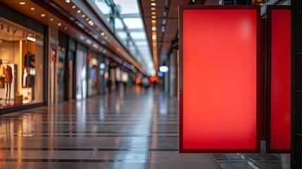 Poster - red blank sign inside shopping mall mock up advertise display frame setting over the clothes line in the shopping department store for shopping business fashion and advertisement conce : Generative AI