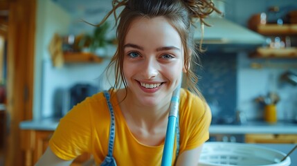 Caucasian smiling young woman cleaning kitchen floor with wet mop at home copy space unaltered hygiene bucket and lifestyle concept : Generative AI