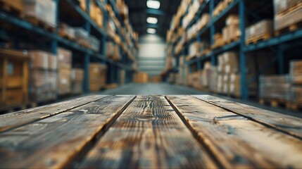 Aufkleber - The empty wooden table top with blur background of warehouse storage Exuberant image : Generative AI