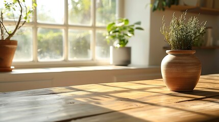 Aufkleber - wooden table with retro pedestal of free space for your decoration kitchen interior with window and 