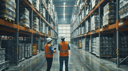 Poster - Industry 40 Modern Factory Two Engineers in Empty Warehouse Use Digital Tablet Computer with Augmented Reality Software For a Room Mapping Doing 3D Factory Floor Layout High Angle Shot : Generative AI