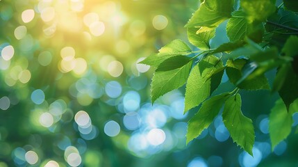 Poster - Summer background of blue and green blurred foilage and sky with bright bokeh Blurry abstract summer background Natural green leaves using as cover page greenery environment ecology ba : Generative AI