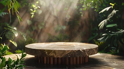 Fototapete - Luxurious stonemarble pedestal basks in foliage gobo sunlight Wooden rod backdrop adds depth and elegance Ideal for premium product showcases and sophisticated designs : Generative AI
