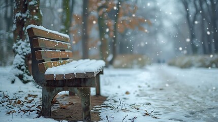 Poster - Bench covered with snow in frozen forest Empty bench in snowy park Winter weather Wooden bench in park in snowfall Peaceful winter nature Climate changes February landscape : Generative AI