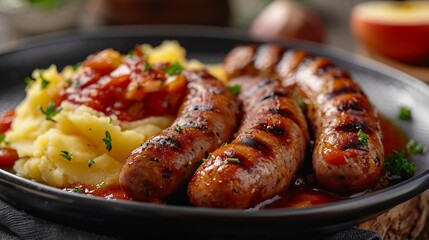 Poster - Devilled Sausages with mashed potato spiced tomato and apple sauce : Generative AI