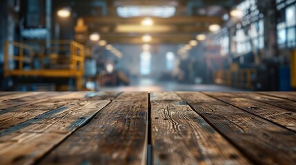 Aufkleber - The empty wooden table top with blur background of factory Exuberant image : Generative AI