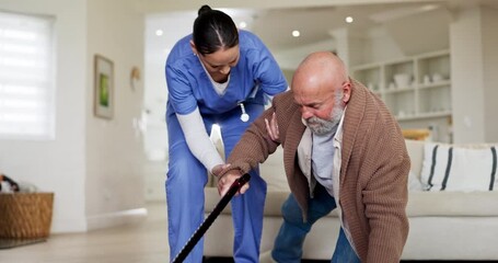 Sticker - Old man, fall and nurse help on the floor in home, living room and elderly care in accident or emergency. Vertigo, senior person and caregiver helping to support, balance or injury walking on ground