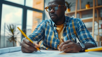 Aufkleber - Black man office and drawing on blueprint with pencil for planning a building design layout and project as architect Table construction and engineering person with idea for property re : Generative AI