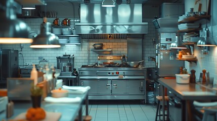 Restaurant kitchen without people There is no one in kitchen of cafe Concept  work in restaurant has been stopped Small restaurant kitchen with chrome equipment Dishes and products on  : Generative AI