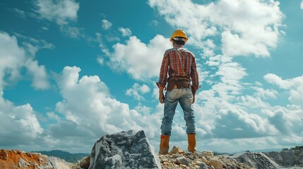Leinwandbilder - Man construction engineer wears helmet ensure safety when working in construction zone standing on pile rocks looking checking for completeness in case there is error so that it can be : Generative AI