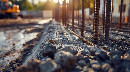 Poster - Large reinforced concrete structures at the construction site Preparation for the installation of reinforced concrete products Construction work on the construction of foundations : Generative AI
