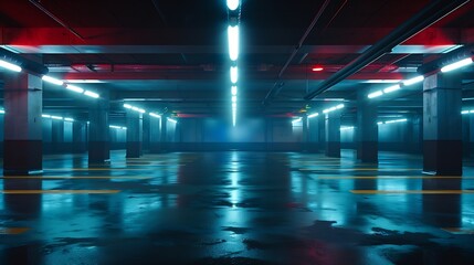 Poster - Sci fi looking dark and moody underground parking lot with fluorescent lights on  Long hall : Generative AI