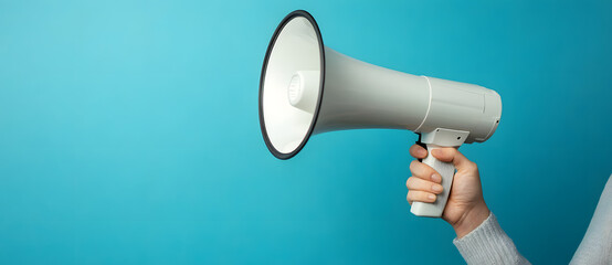 A Person Holding a Megaphone Against a Blue Background with Enthusiastic Expression