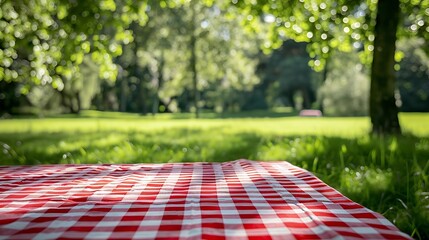 Poster - Red checkered tablecloth on grassempty space blank Food design advertisement template Picnic place Checked cloth Napking laying outdoor : Generative AI