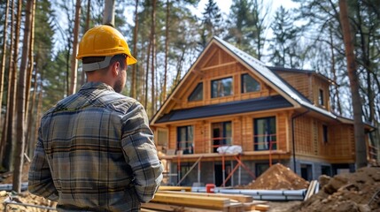 Poster - Worker building wooden twostory house near the forest Man in work clothes and hard hat reviewing the construction plan The aim is to implement modern environmentallyfriendly constructi : Generative AI