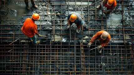 Poster - Construction workers during installation of steel gratings for the foundation of a building in the city of Sao Paulo Brazil : Generative AI