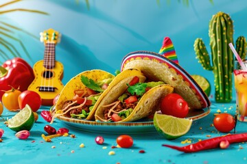 Cinco de Mayo taco with cultural items on blue background celebrating tradition