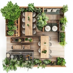 3D Render of a café with a green theme, indoor plants, a wooden counter, and various seating arrangements, on isolated white background