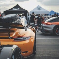 Rear view of a gold sports car with a spare tire on the spoiler.