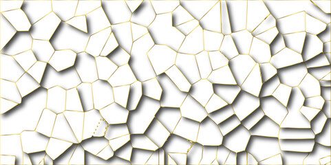 Abstract white paper cut shadows background realistic crumpled decoration textured with multi layers.Broken tiles mosaic seamless pattern.white gravel with golden line wallpaper. vector illustration.	