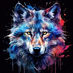 Naklejka na meble the AI Image Generator, Wolf head with colorful splashes and blots. illustration.