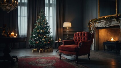 Wall Mural - Classic interior with an armchair tables, and a Christmas tree with decorations on a light background