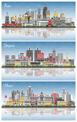 Canvas Print - Odessa, Dnipro and Kiev Ukraine city skyline set with color buildings, blue sky and reflections.