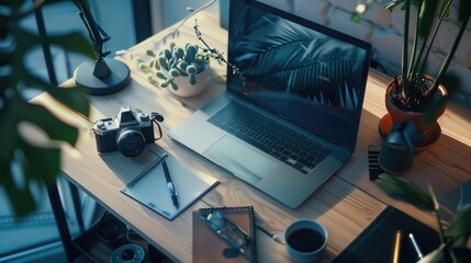  - a laptop computer sitting on a wooden desk, perfect for workspace or study