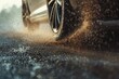© VolumeThings - Powerful car starting motion tire slipping on asphalt road stones and dust flying burnout concept slow motion