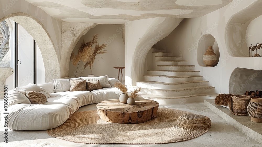 modern rustic boho interior design, a curved staircase in the ...