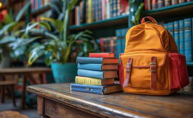 Wall Mural - Yellow backpack with books on a wooden table, created with Generative AI technology.