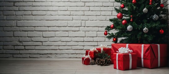 Decorated christmas tree and gift boxes over white brick wall with copy space