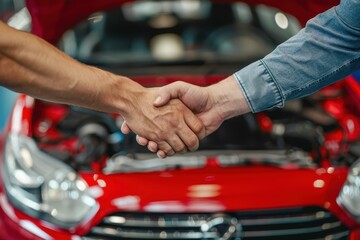 Satisfied customer shakes hands with happy mechanic after professional car check