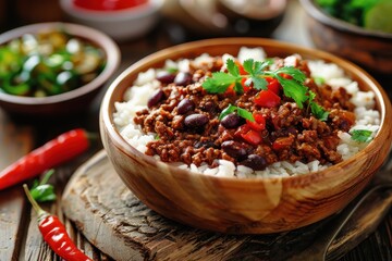 Poster - Selective focus on chili con carne and rice on wooden table