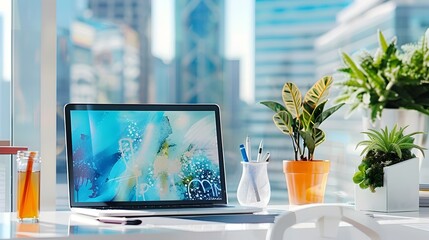 Canvas Print - Modern Home Office with Laptop, Plants, and City View.