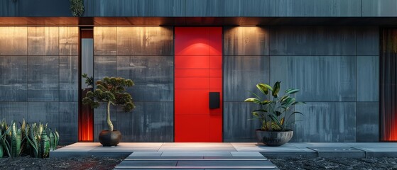 A contemporary red door with a clean, flat design, framed by a modern, grey exterior