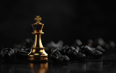 golden chess piece against the background of defeated pieces