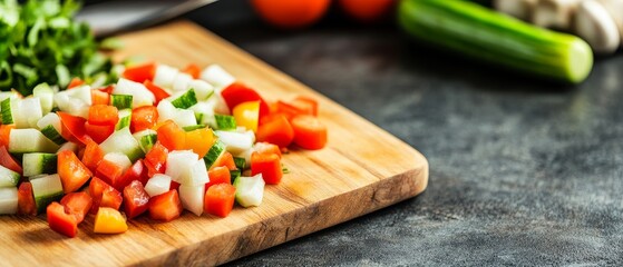 Sticker - freshly chopped vegetables on wooden cutting board - red bell pepper, cucumber, onion, green onion, parsley - healthy diet ingredients - kitchen table - food preparation.